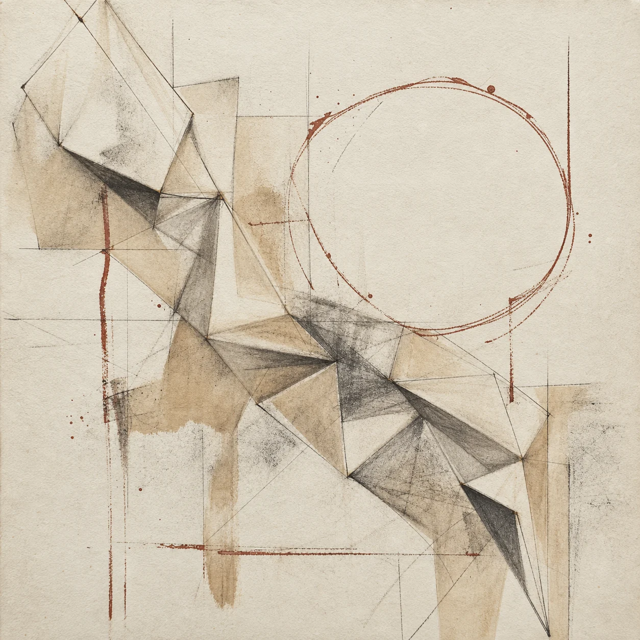 Abstract mixed-media work with folded angular forms and a rust-colored circular gesture