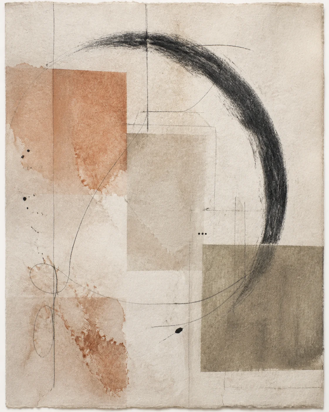 Abstract work on paper with a charcoal arc, terracotta washes, and soft geometric fields