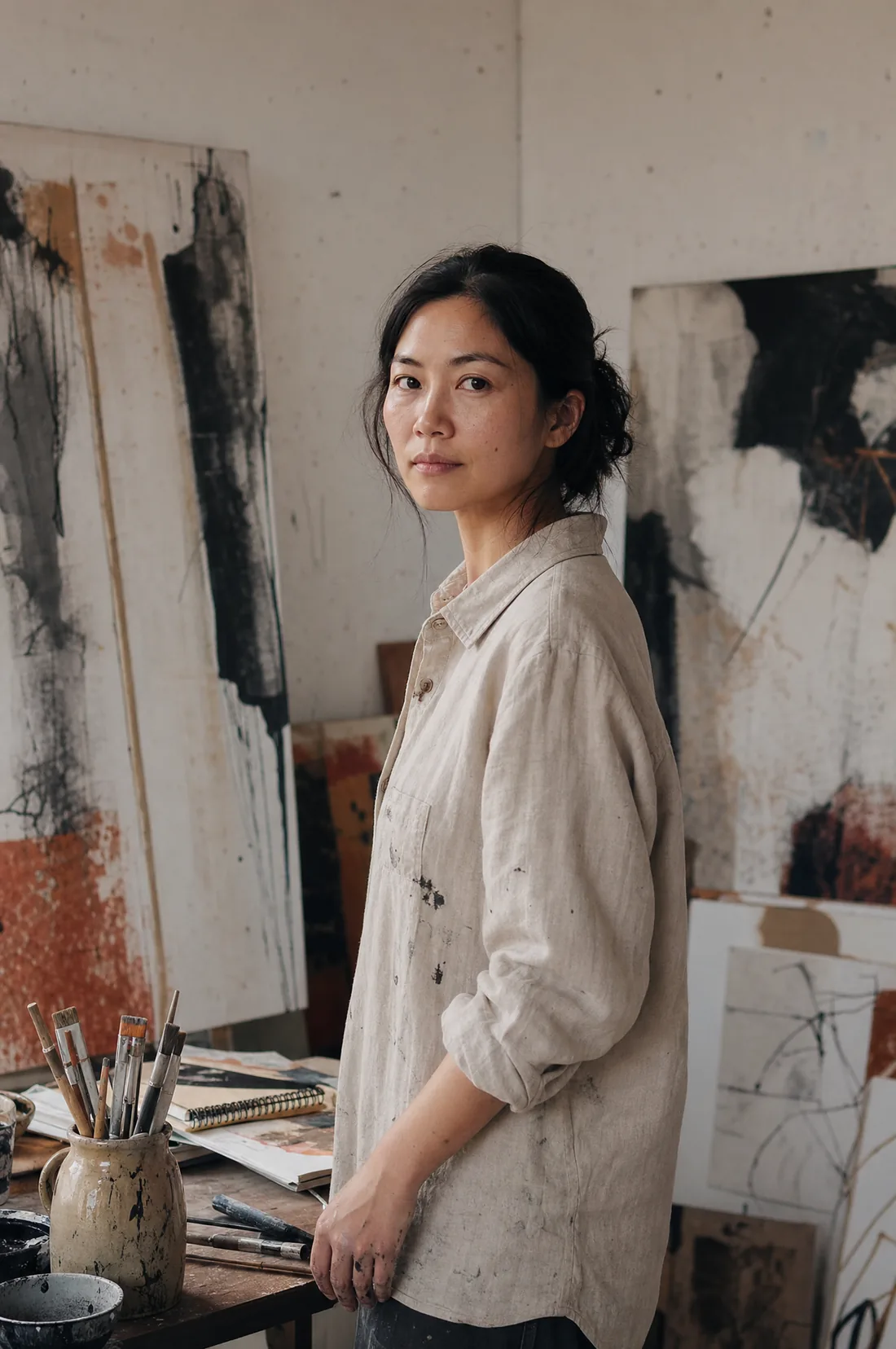Mira Wattanakul, a Thai contemporary artist, standing in her studio beside neutral abstract canvas paintings