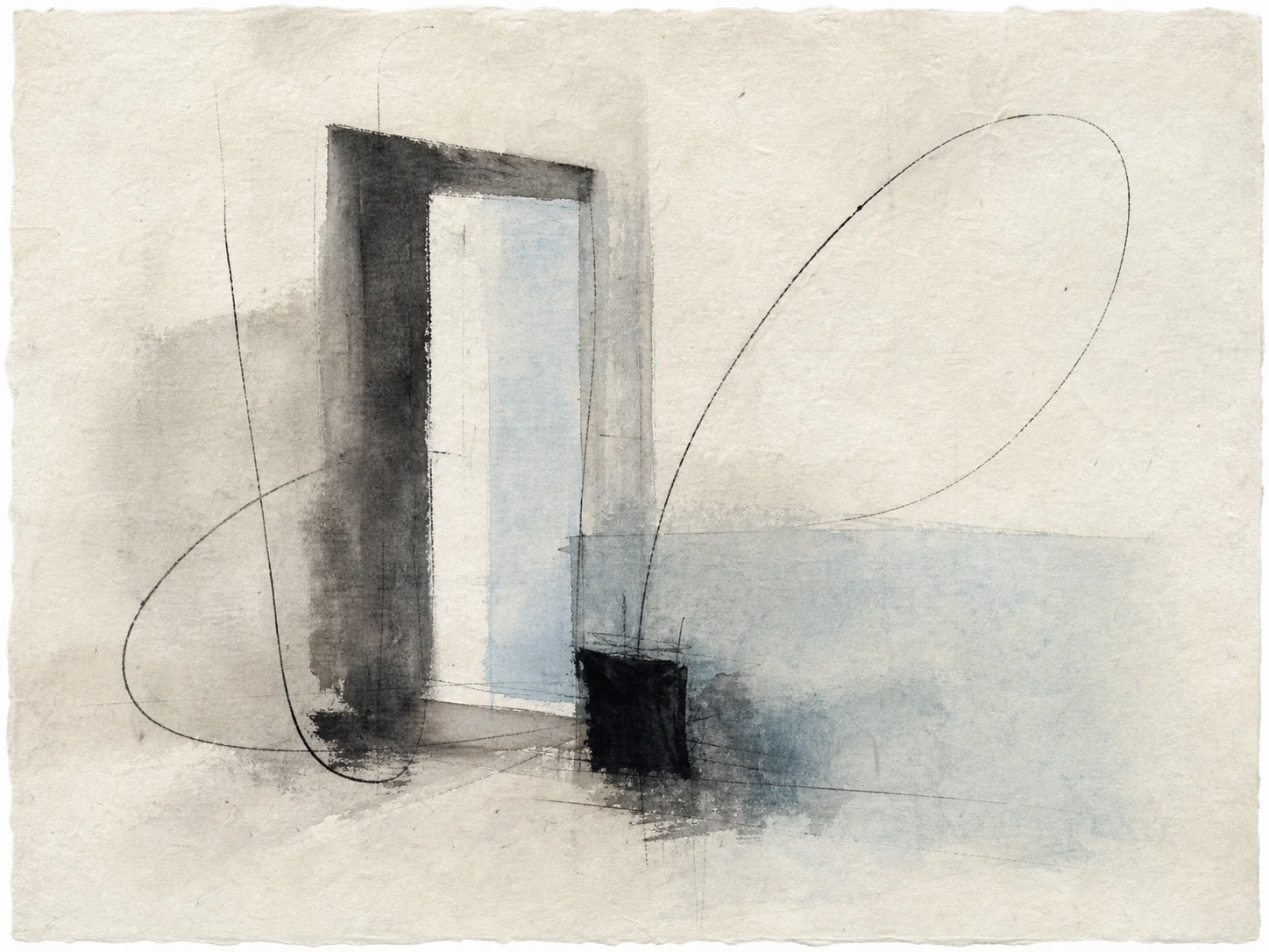 Minimal abstract ink work suggesting a doorway with pale blue wash and looping lines