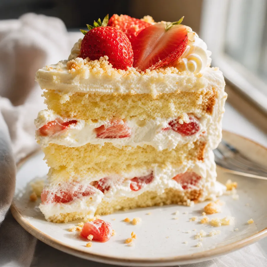 A slice of layered vanilla butter cake with cream and fresh strawberries
