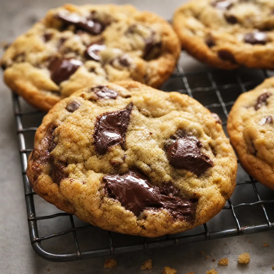 Thick chocolate chunk cookies cooling on a wire rack