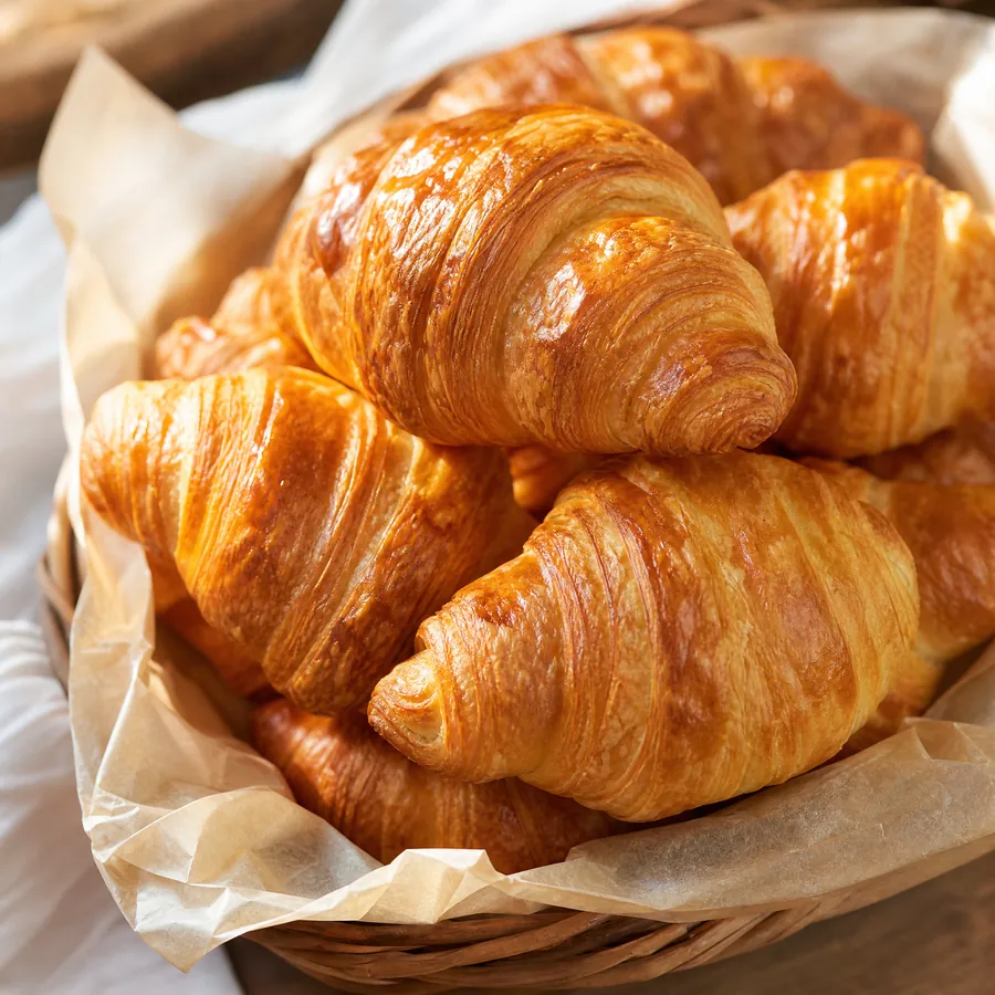 Golden butter croissants stacked in a paper-lined basket