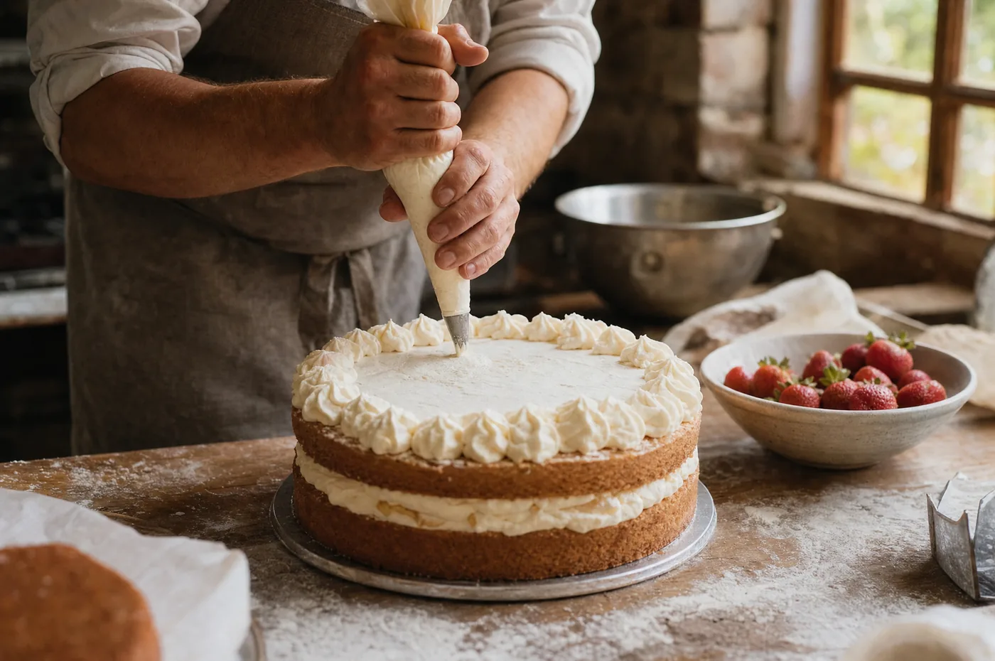 A baker piping fresh cream onto a layer cake beside a bowl of strawberries
