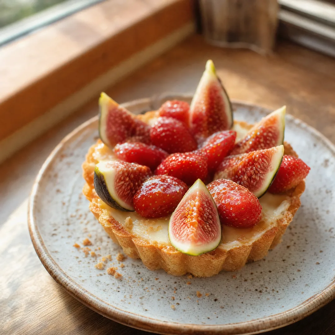 A seasonal fruit tart topped with glazed strawberries and figs