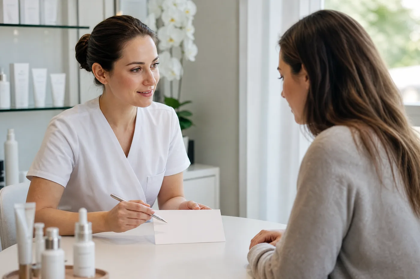 A skin specialist consulting warmly with a client at a small table in a bright room