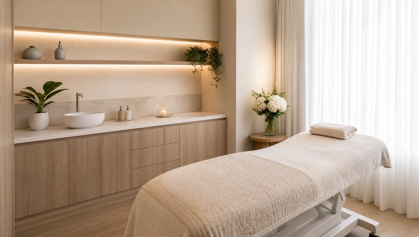 A bright, calm clinic treatment room with a comfortable bed, soft linens and morning light
