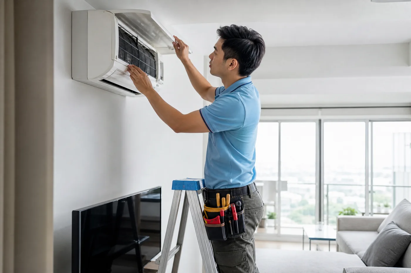 A technician on a step ladder opening the panel of a wall-mounted air conditioner in a bright living room