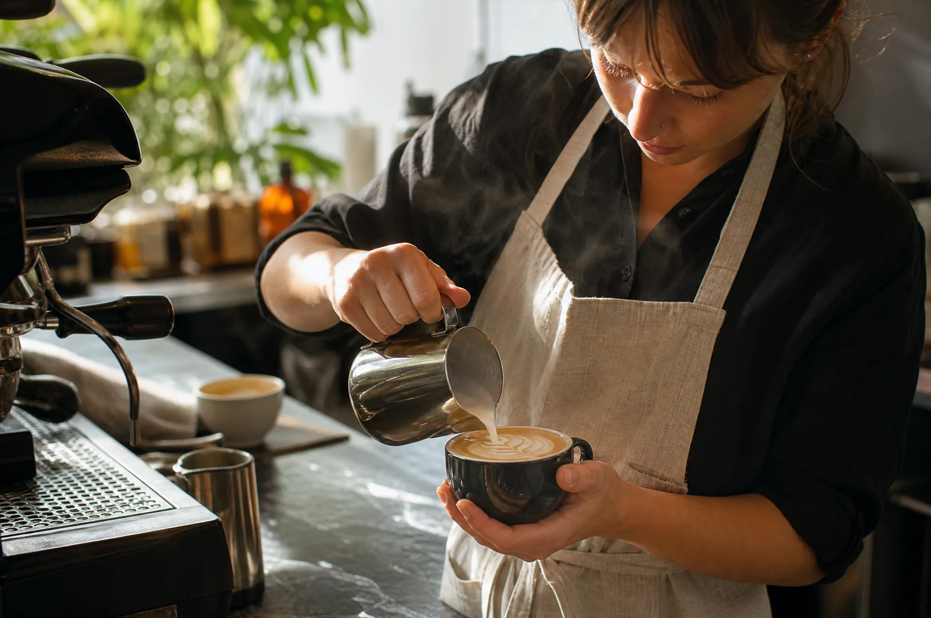 A barista pouring latte art in a sunlit café, shot in an editorial commercial style