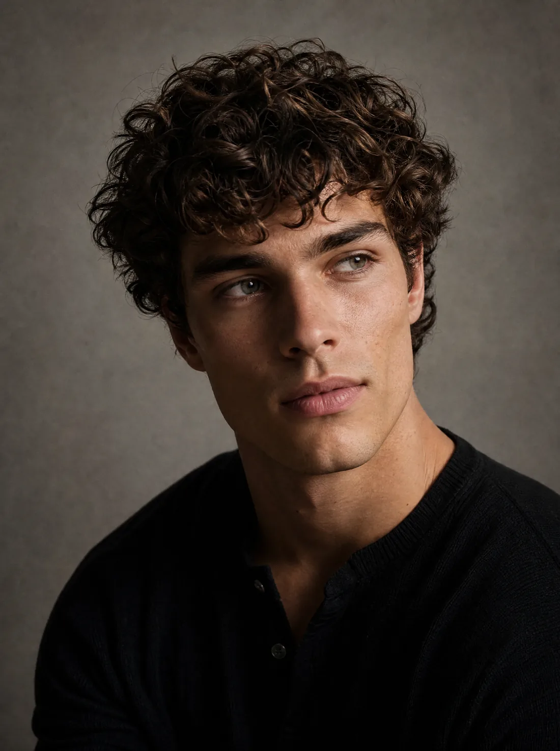 Studio portrait of a young man with curly hair against a gray seamless backdrop