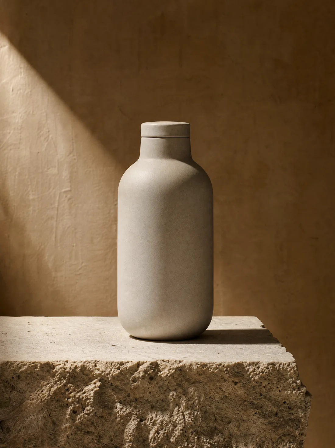 Minimalist ceramic bottle on a stone pedestal with dramatic studio light