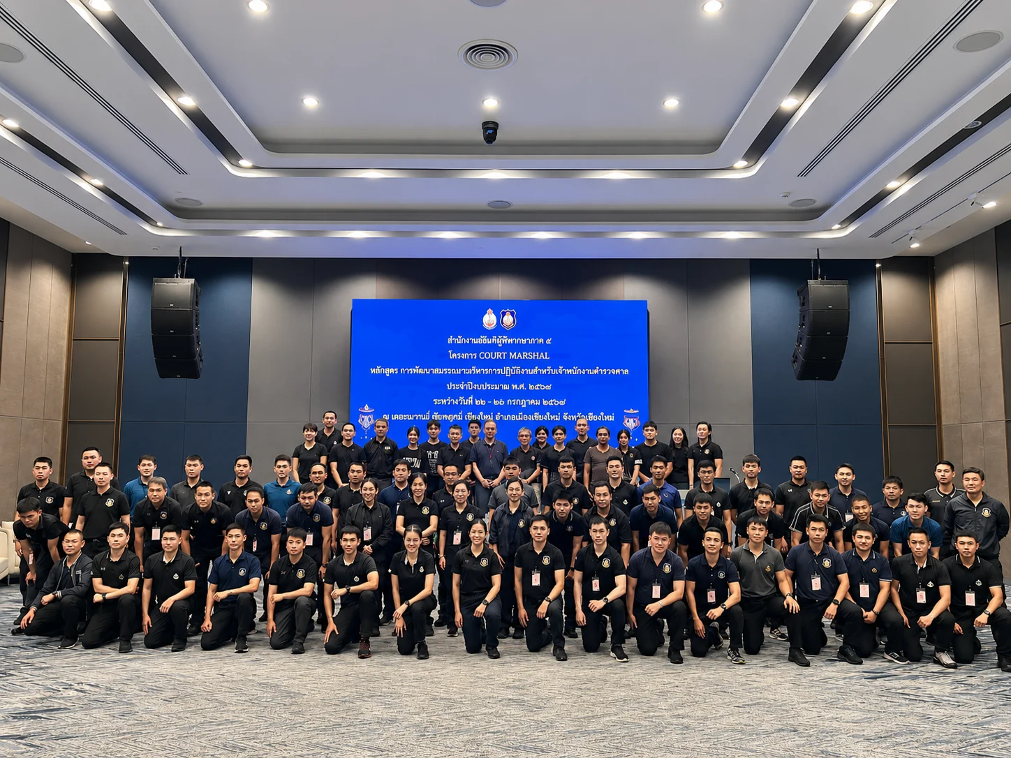 A large group of Aikido seminar participants and instructors at Royal Thai Air Force Wing 41.