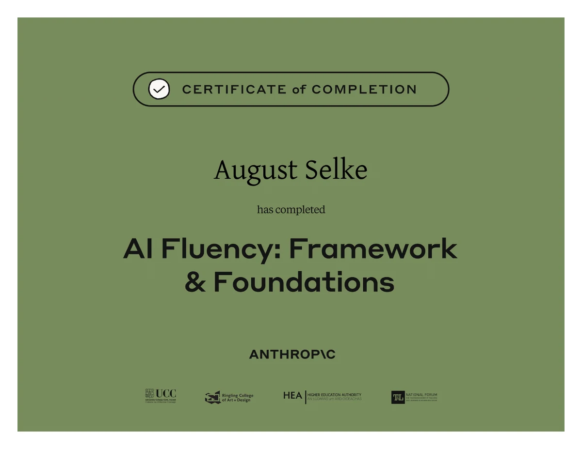 AI Fluency: Framework & Foundations certificate of completion issued by Anthropic to August Selke.